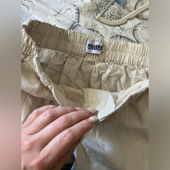 Ghanda 6 cargo S XS pants cream 100% cotton ivory stretch waist pockets utility - Picture 9 of 12